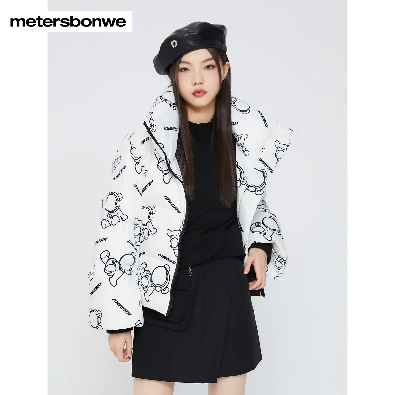 Metersbonwe Women's 22New Winter Full Cartoon Print Down Jacket 80% Duck Down Thick Short Warm Wear Stand Collar Loose Outwear