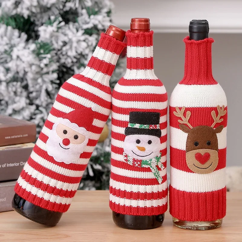 Wine Bottle Cover Christmas Decor Handmade Knit Cute Santa Claus Wine Cup Dress Bags Reusable Xmas Home New Year Decoration Gift