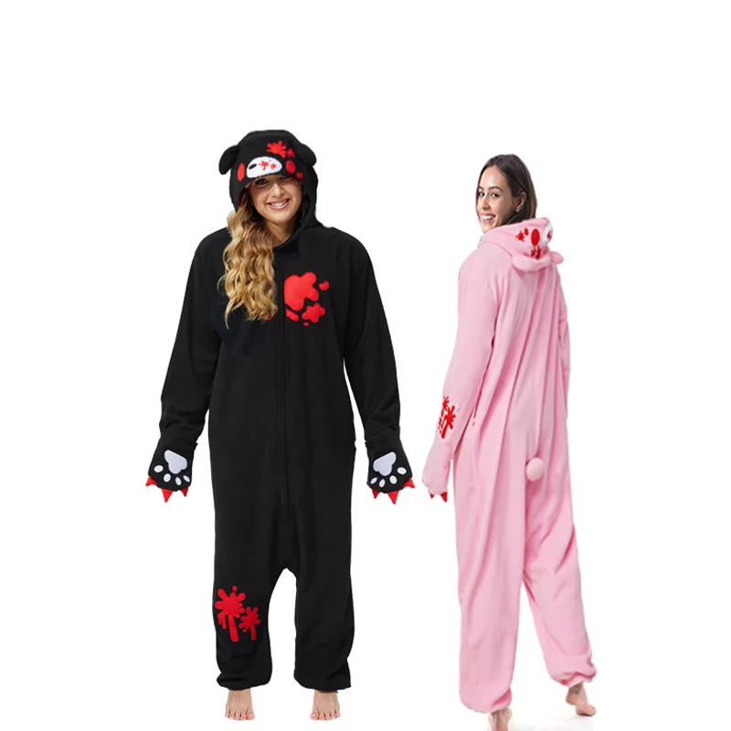New Black And Pink Blood Bear Women Cosplay Costume Wool Animal Onesie Pajamas Adult Pajamas Halloween Party