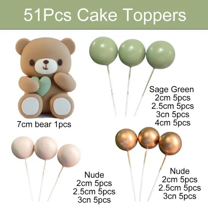 51 Stück Bären-Kuchenaufsätze, goldgrün, Kuchenaufsatz, Kugeln für alles Gute zum Geburtstag, Dekoration, Babyparty, Taufe, Geburtstagsparty-Zubehör – Detail 2
