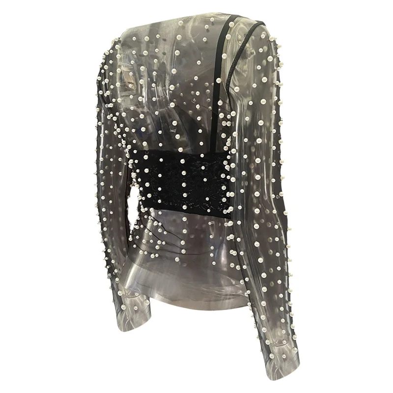 Sheer Mesh Top with Pearls Women y2k Clothing See Through Round Neck Long Sleeve T Shirt 2000s Clothes Party Clubwear