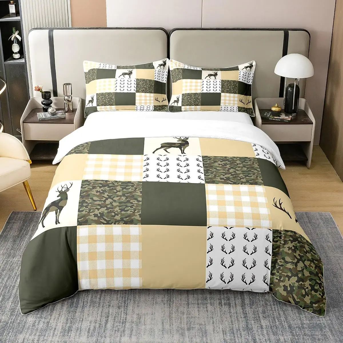 Rustic Patchwork Comforter Set King,Retro Cabin Bedding Set Teens Adult Woodland Bear Deer Hunting Quilt Moose Wild Animal Duvet Inser