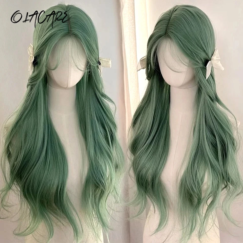 Green Synthetic Wavy Wig with Bangs for Women Daily Use
