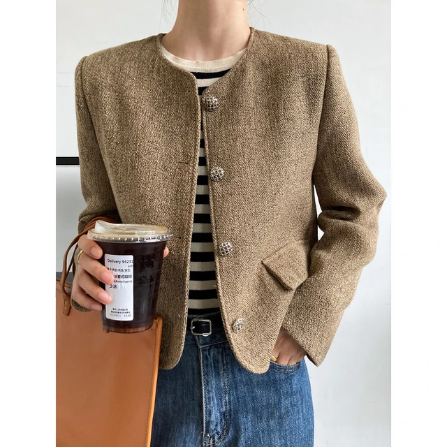 Women's Single Button Tweed Crop Jacket Brown Gray Short Blazer - AliExpress