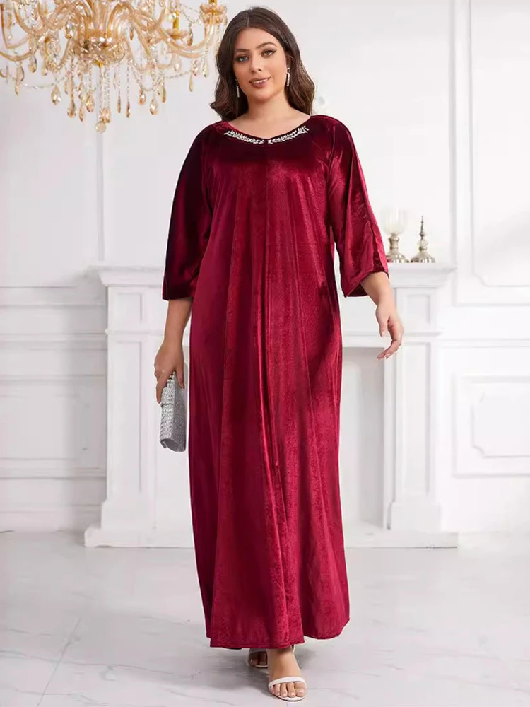 2024 Abaya Muslim Woman Dubai Luxury Velvet Long Sleeve Dresses Wedding Party Evening Gown Islamic Clothing Robe Femme Musulmane