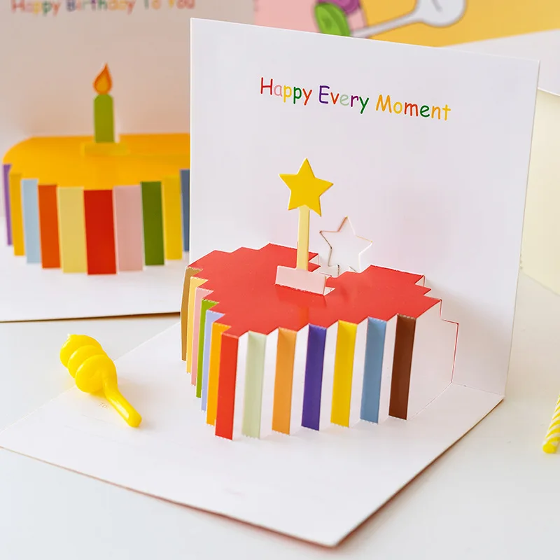 

Happy Birthday Card With Envelope 3D Birthday Cake Pop-Up Greeting Cards Postcards Party Invitations Gifts Decoration