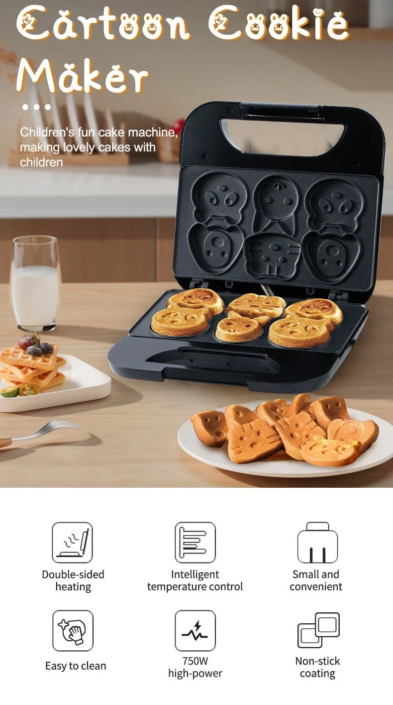 Description Picture 2 of itemElectric cartoon Waffle cake maker Automatic muffin pancake baking machine double-sided heating Grilling panini press plate 110V