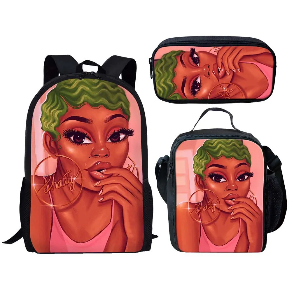 Popular Youthful Trendy African Girls 3D Print 3pcs/Set Student Travel bags Laptop Daypack Backpack Lunch Bag Pencil Case