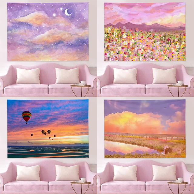 Tapisserie de paysage rose Kawaii, décoration murale, salon esthétique, dortoir, toile de fond de la maison, grill 1