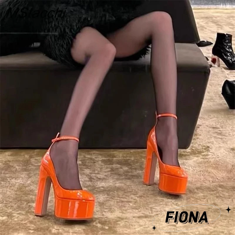 FIONA Summer New High Heel Waterproof Platform Thick Heel Single Shoes Round Toe Patent Leather Shallow Mouth High Heels