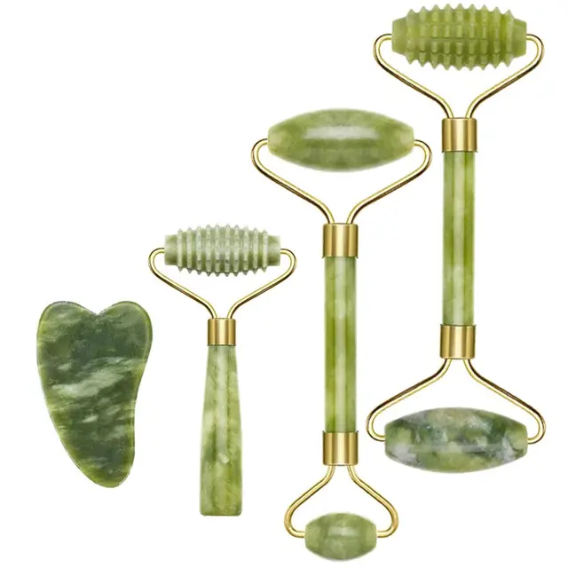 2PC Natural Jade Stone Gua sha Face Lift Roller Gouache Scraper Guasha Massage Tools Facial Body Anti Wrinkle Beauty Massager