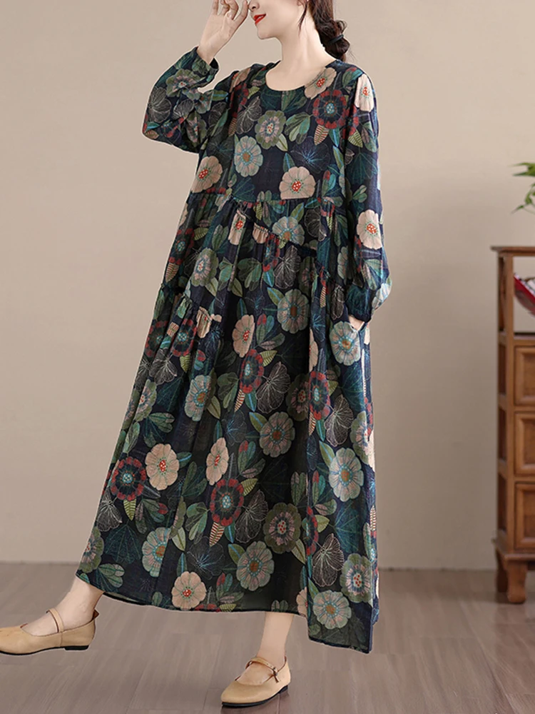Cotton Long Sleeve Print Vintage Dresses Women 2025 Spring Autumn Casual Loose Long Dress Office Lady Vestidos Elegant Clothing