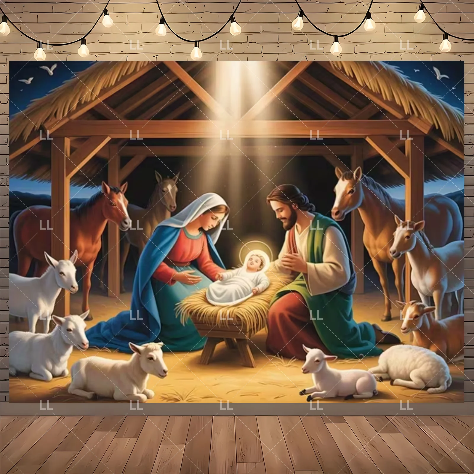 Starry Night Nativity Scene Backdrop - Traditional Christmas Party Decor and Photo Prop