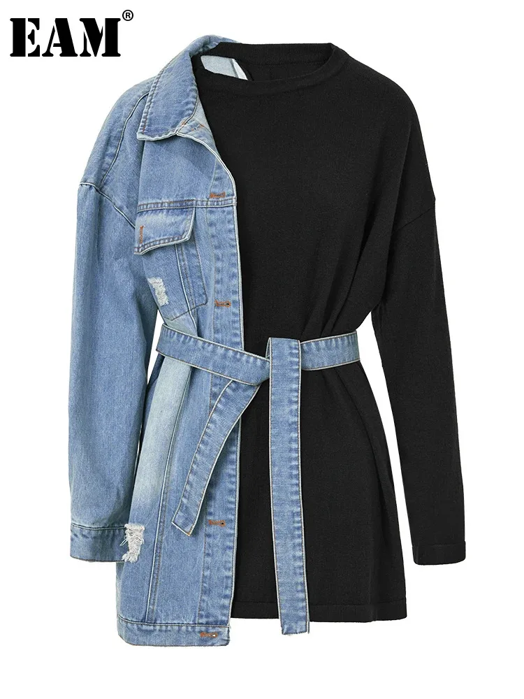 

[EAM] Loose Fit Denim Knitting Bandage Sweatshirt New Round Neck Long Sleeve Women Big Size Fashion Spring Autumn 2024 1H83901