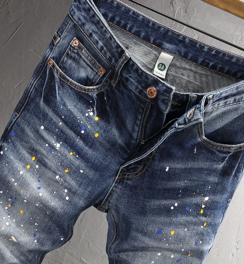 Streetwear Fashion Men Jeans Retro Washed Blue Elastic Slim Fit Ripped Jeans Men Painted Designer Hip Hop Denim Pants Hombre