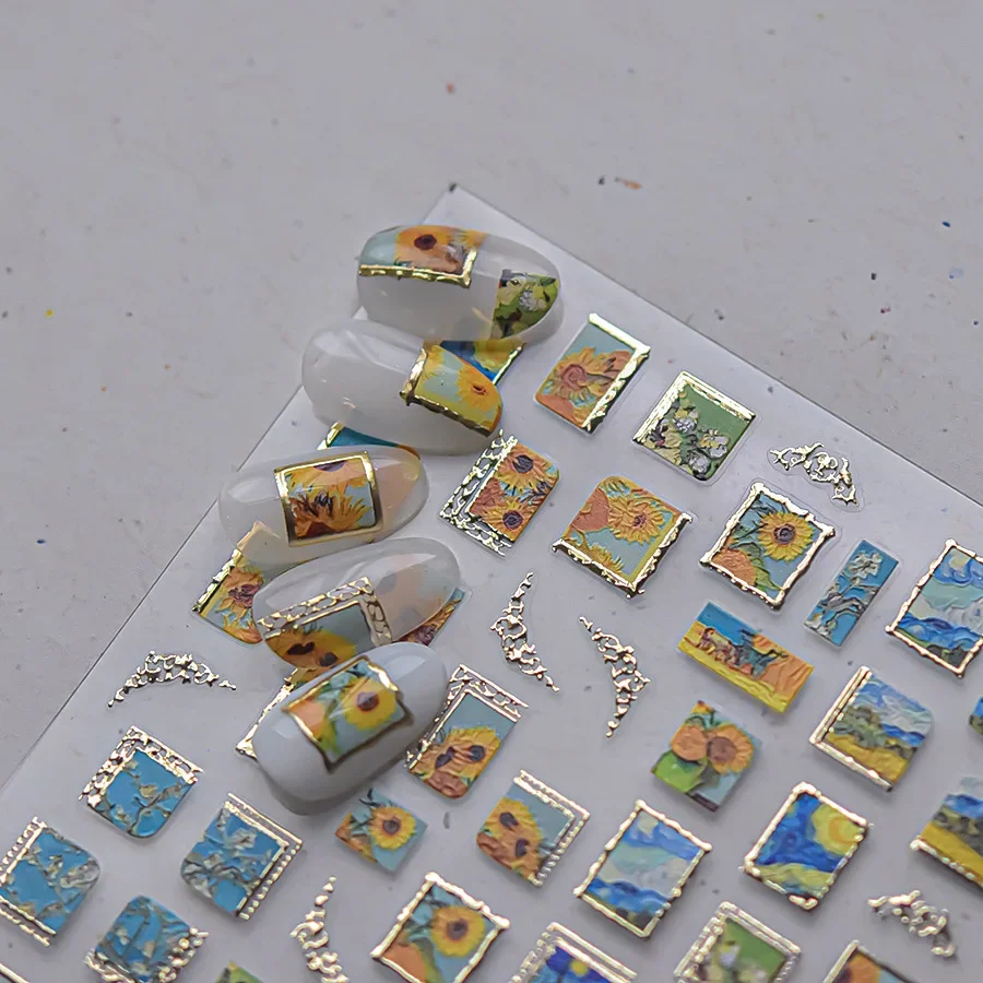 Hot Stamping Colourful Sunflower Starry Night Impressionism Embossment nail art decoration nail stickers nail decals Shiny Rhinestone Manicure Decal