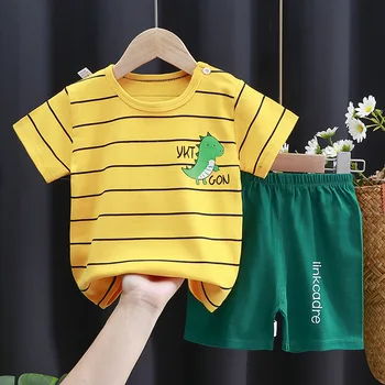 Summer Casual Baby Set Dinosaur Style Stripe T-shirt+Shorts 2Pcs Clothes for Boys Girls Soft Cotton Infant Outfit 1