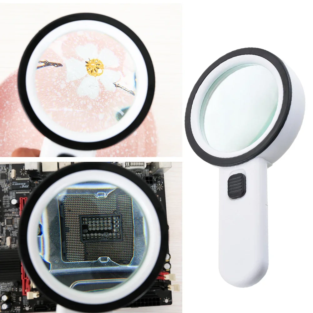 Description Picture 6 of item30X Handheld Magnifier Independent Lighting Design 3LED Double Glass Lens Appreciation Reading Magnifiers Jewelry Repair Tool