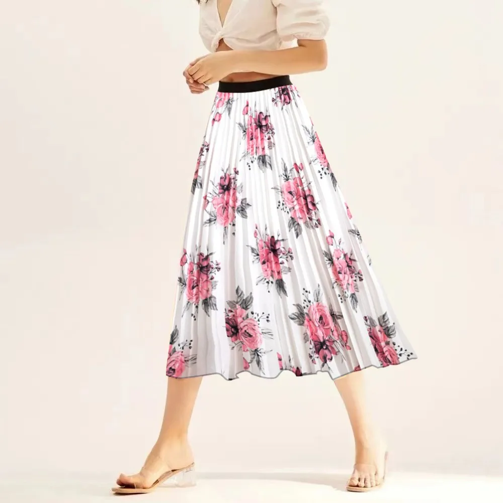 

Nighpha Women's Floral Print Pleated Skirt Summer Elastic Waist A-line Skirts Causal Midi Long Skirt Female