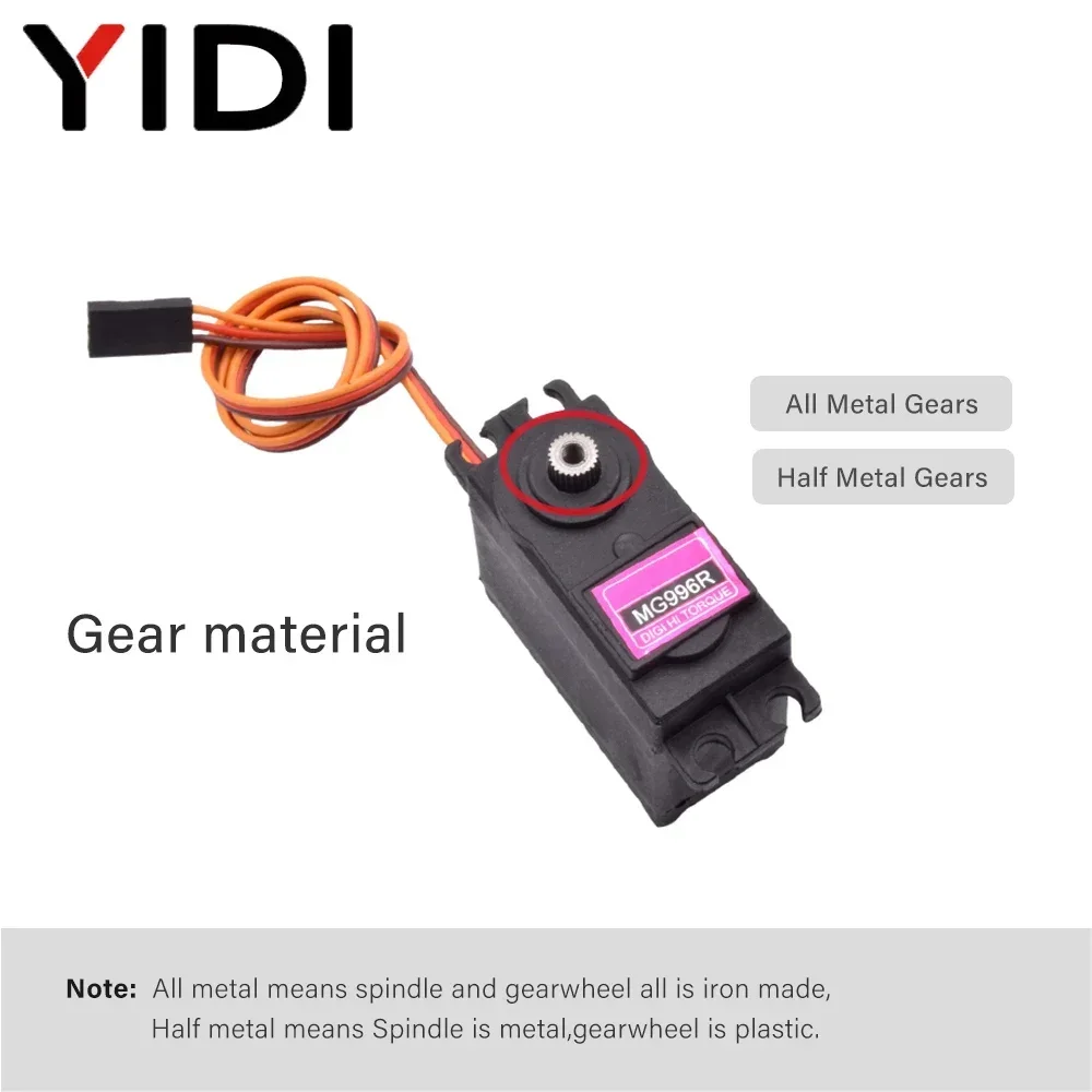Micro servos 180° et 360° pour RC, vue éclatée montrant les composants internes.