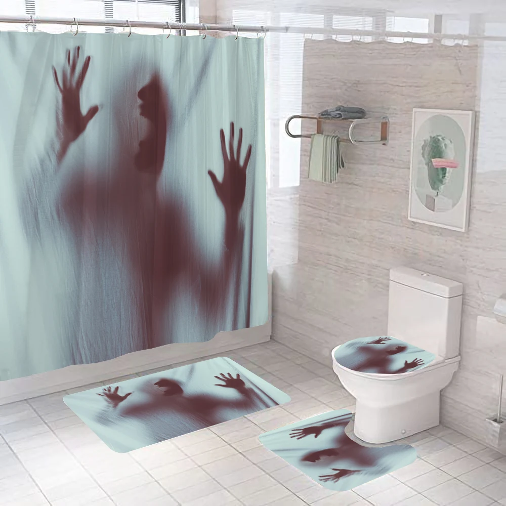 

Skull Shadow Horrible 3D Shower Curtain Halloween Decoration Curtains Toilet Lid Cover Bath Mats Pedestal Rugs Anti-slip Carpet