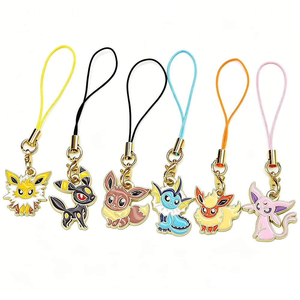 6 Stück Anime Pokemon Eevee Handyanhänger, niedliche Cartoon-Fuchs-Elfen-Monster-Schlüsselanhänger, Schlüsselband für Taschen, Handys, Schlüssel, Deko-Geschenk