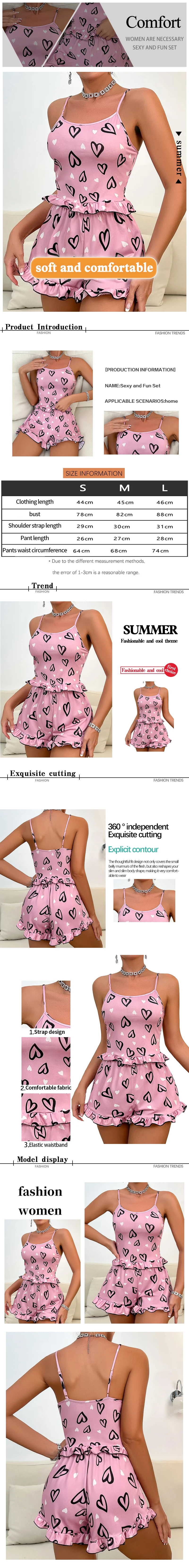 Womens' Summer Ice Silk Pink Printed Love Pajama Sexy Strap Shorts Home Clothes Set