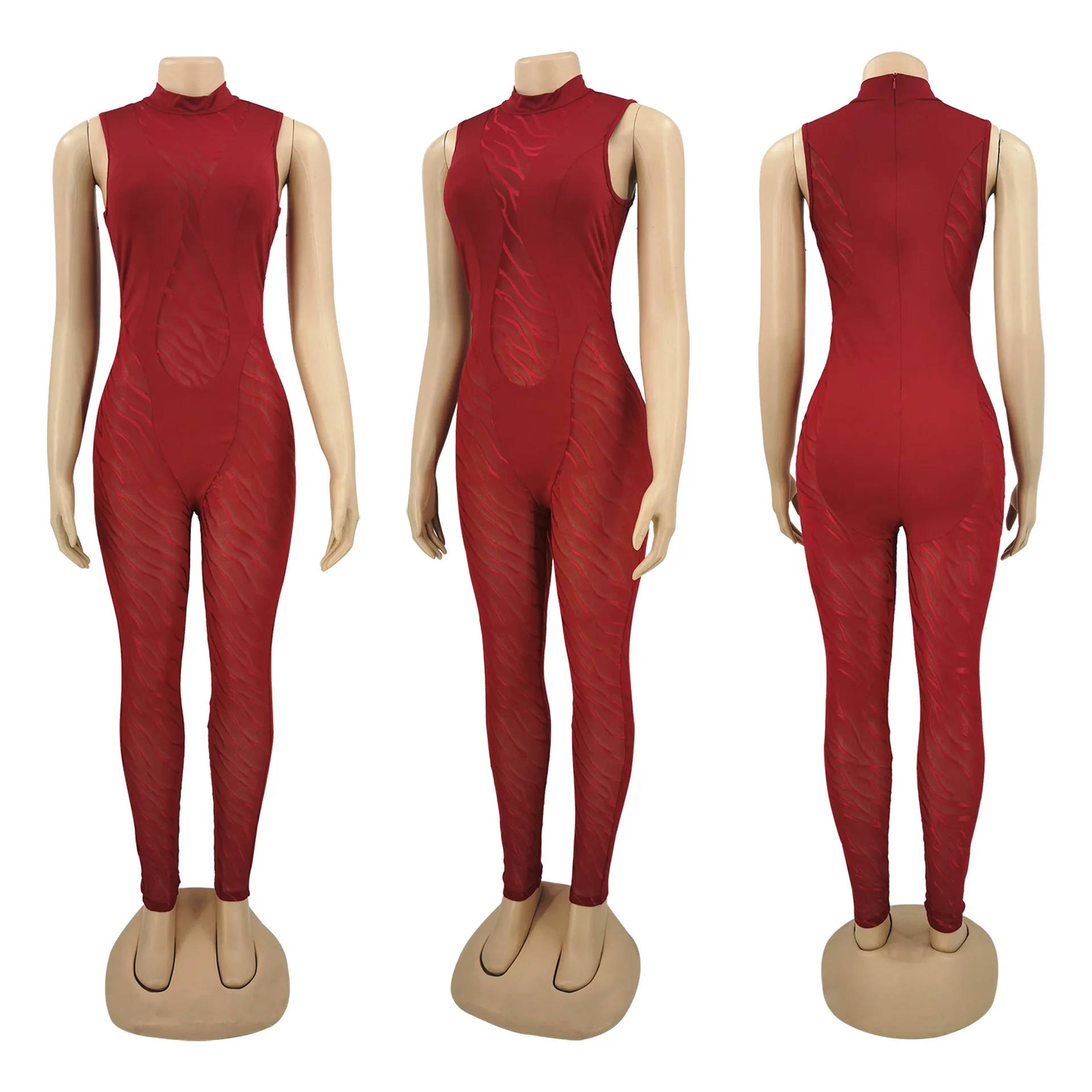 BKLD Clothes For Women Mesh Stitching Sexy Perspective Turtleneck Sleeveless Bodycon Jumpsuit One Pieces Nightclub Outfit