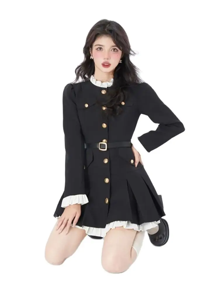 

Elegant Vintage Short Dress Black Vintage Lace Patchwork Long Sleeve Dresses Autumn Winter High Street Chic Partywear