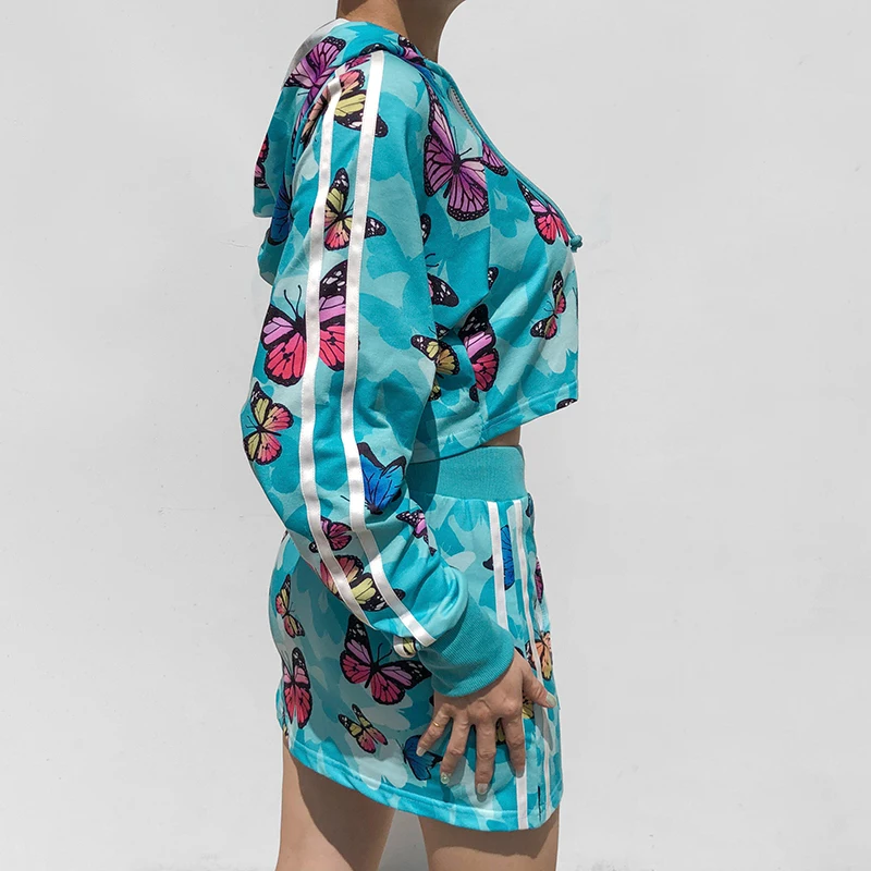 Butterfly Tie Dye Print Sweatshirts 2024 Autumn Casual Fashion Hoodies Two Piece Set Women Crop Tops Y2K Tracksuits Outfits Suit