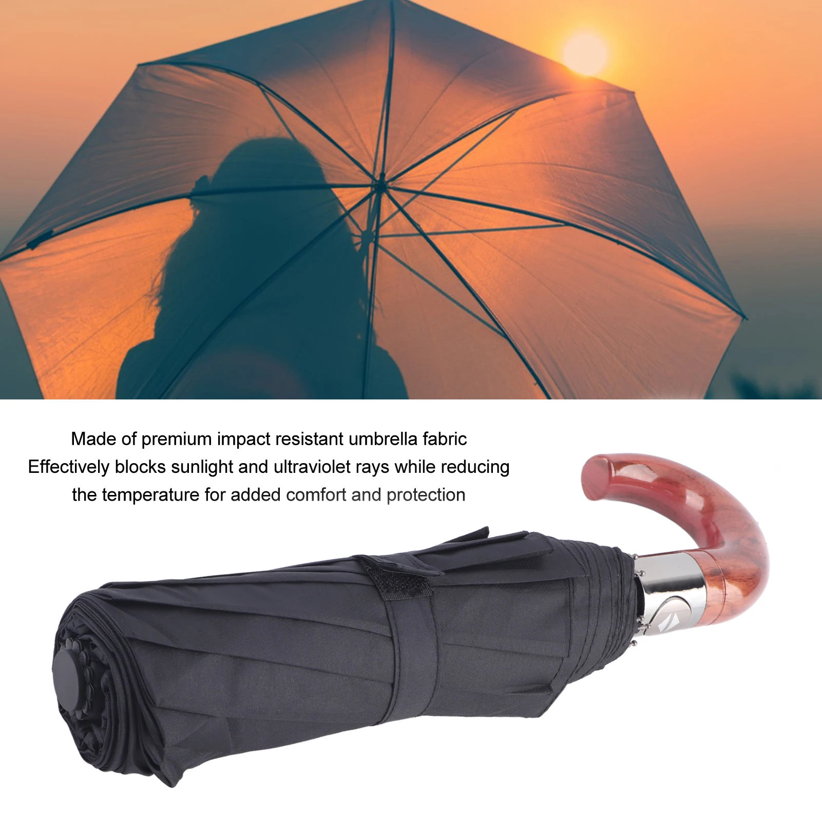 Folding Umbrella 10 Bone UV Protection Auto Open Auto Close Windproof Umbrella with Curved Wooden Handle for Men Women