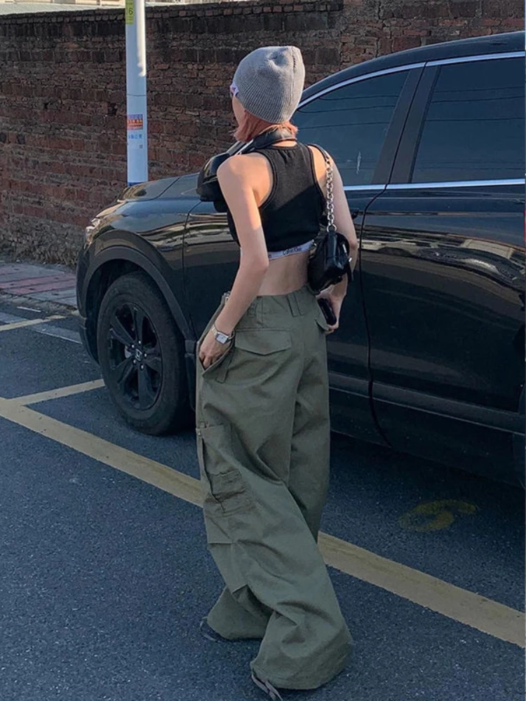 ADAgirl Green Women Cargo Pants Parachute Oversize Straight Leg Trousers Low Waist Sweatpants Casual Drawstring Side Pocket Alt
