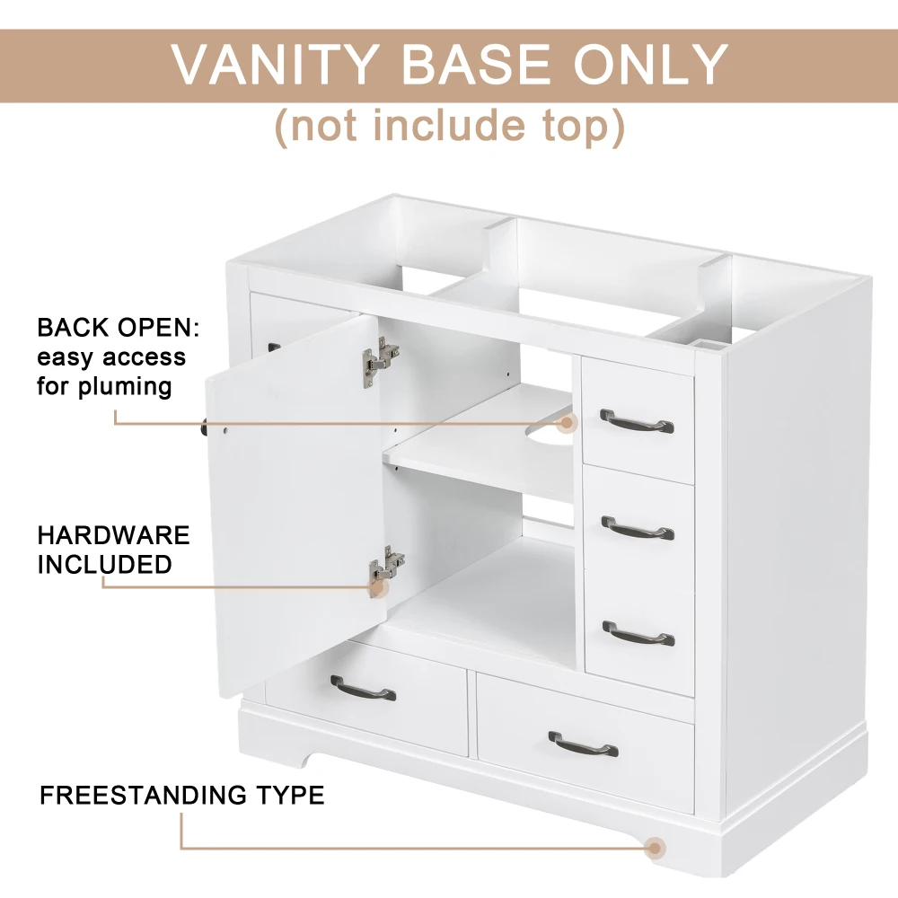 36" Bathroom Vanity Without Sink, Cabinet Base Only, Six Drawers, Multi-Functional Drawer Divider, Adjustable Shelf, White 3