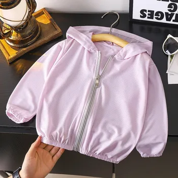Summer Childrens Sunscreen Clothing Ice Silk Thin Hooded Cool Kids Boys Jacket Outdoor Camping Girls Breathable Zipper Coat 1