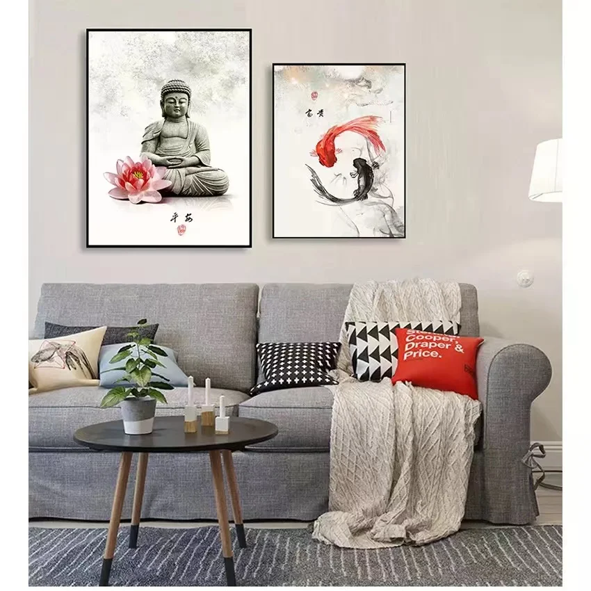 New Chinese Style Meaning Safety And Health Art Mural Ink Flower Buddha Oil Painting Bedroom Home Wall Decoration Poster