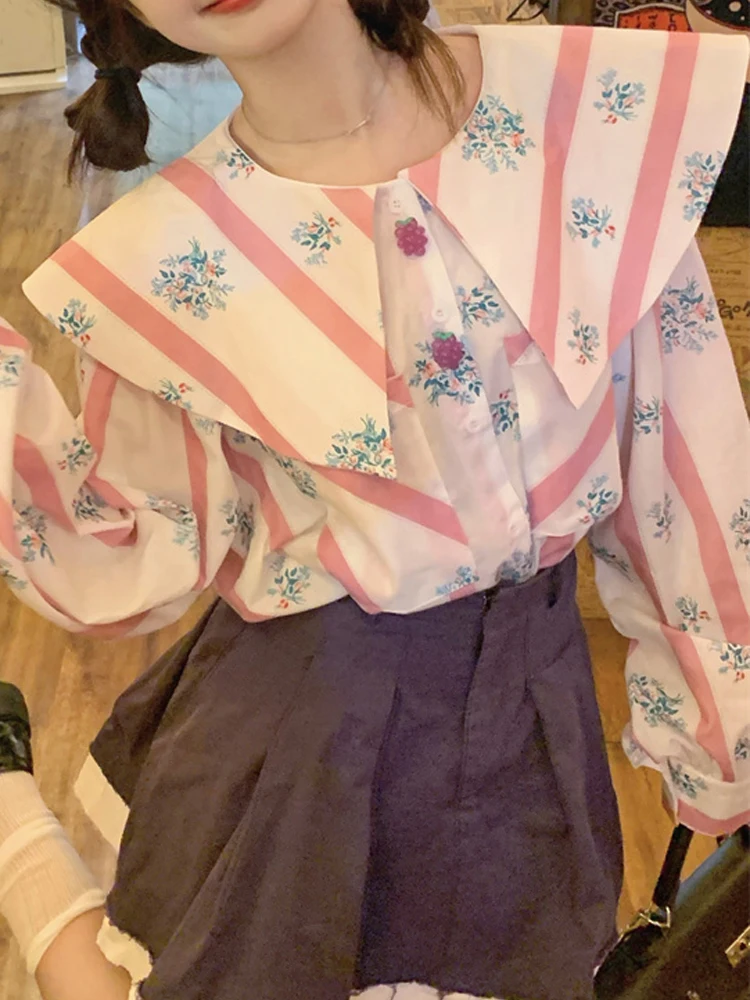 

KIMOKOKM Mori Girl Style Sweet Peter Pan Collar Shirt Grape Button Single Breasted Kawaii Full Sleeve Gentle Shirt For Women