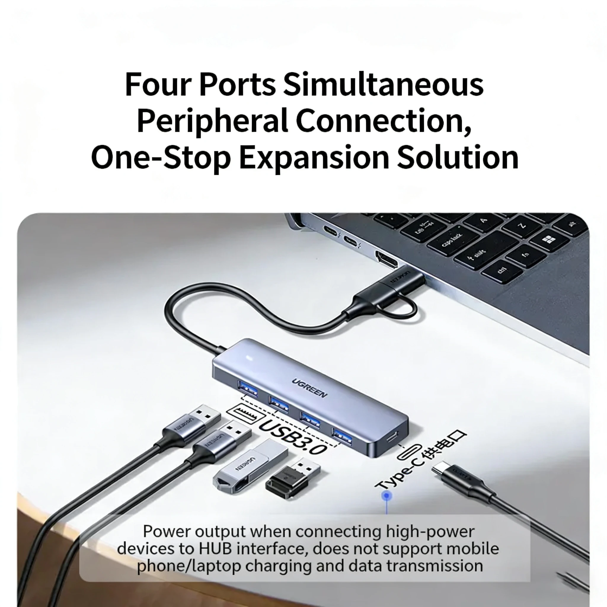 UGREEN 듀얼 포트 4-in-1 USB 허브, 타입-C 3.0 스플리터 멀티 포트 허브 어댑터 (노트북용, 0.15m)