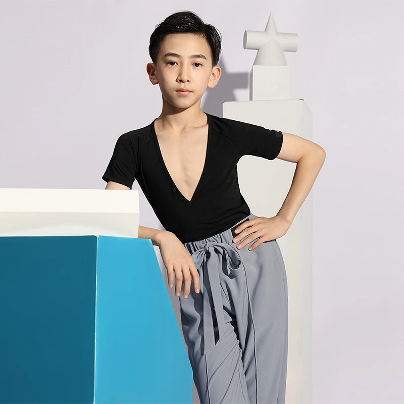 Boys Latin Dance Tops Children Sexy V-Neck Shirts Kids Rumba Ballroom Tango Practice Competition Stage Performance Costumes