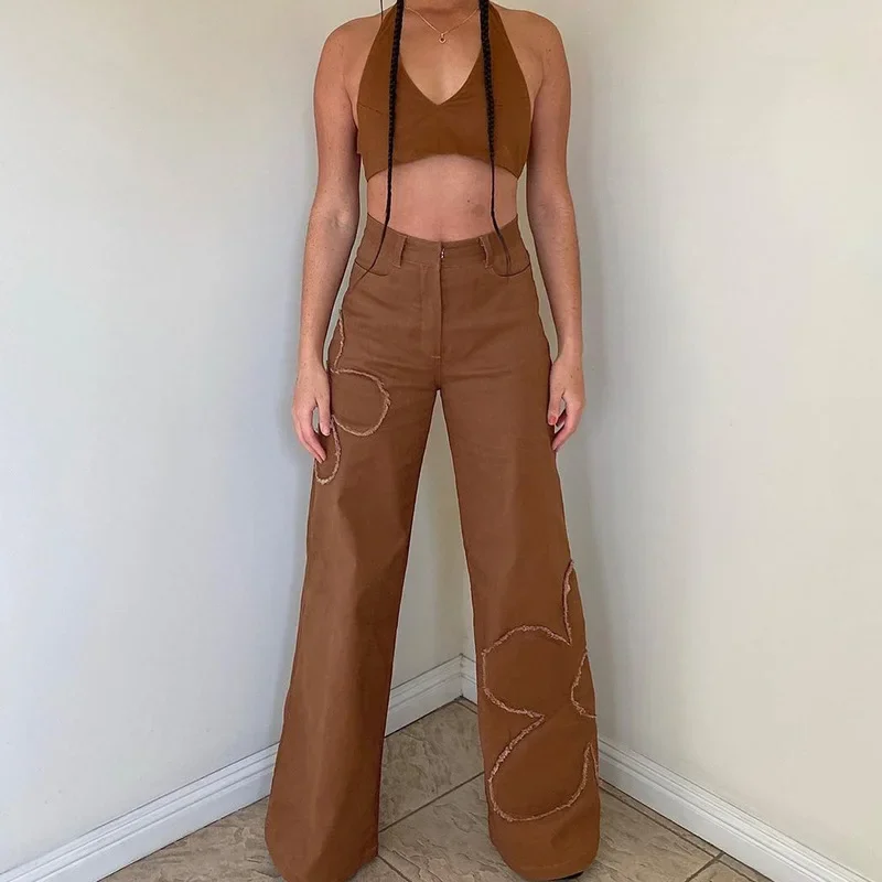 Women Brown Vintage 90s Loose Long Pants Aesthetic Baggy Jeans Flower High Waist Ladies Straight Denim Trousers Streetwear 2021