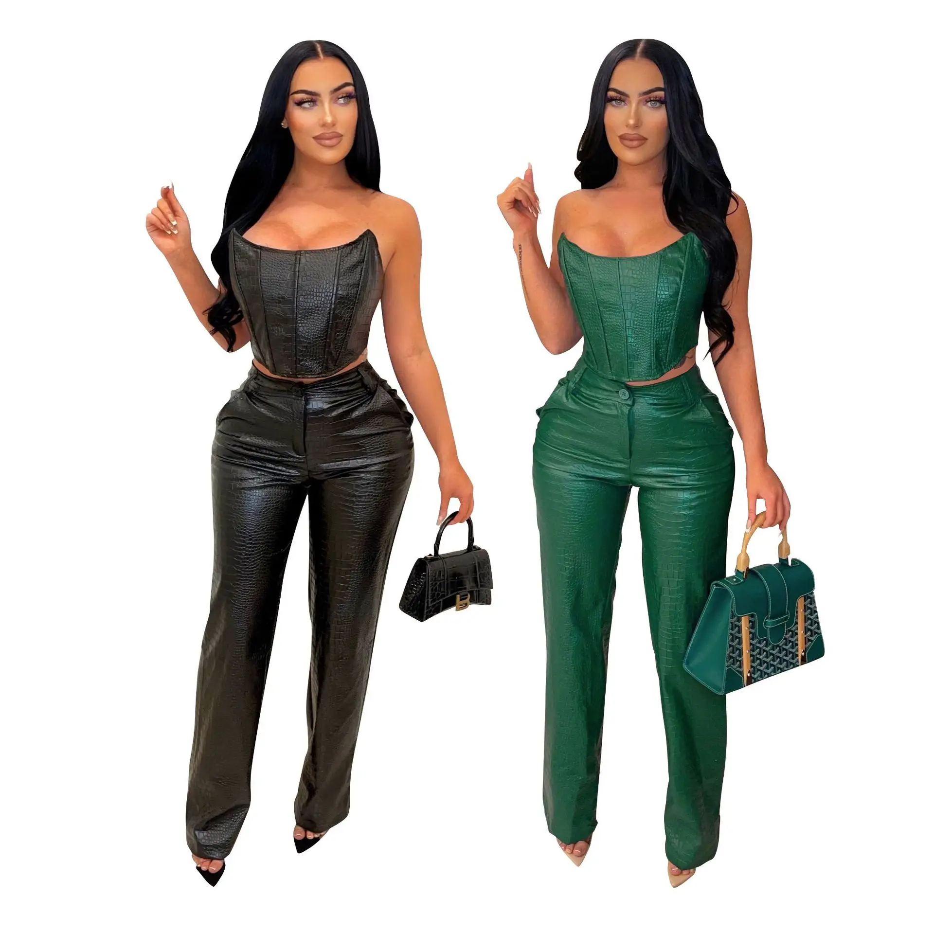 Women Sexy Club Pu Leather Slim 2 Piece Set Sleeveless Strapless Corset High Waist Button Zipper Pants Casual Streetwear Outfits