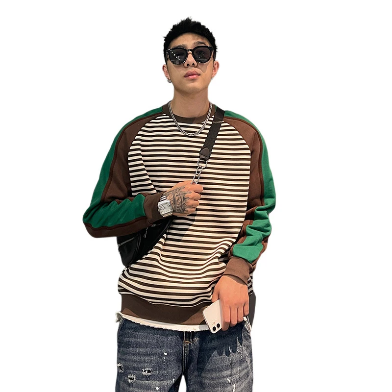 Autumn Spring Casual O Neck Long Sleeve Men Sweatshirts Fashion Oversized Patchwork Hit Color Striped New Arrival Top Hot Sale