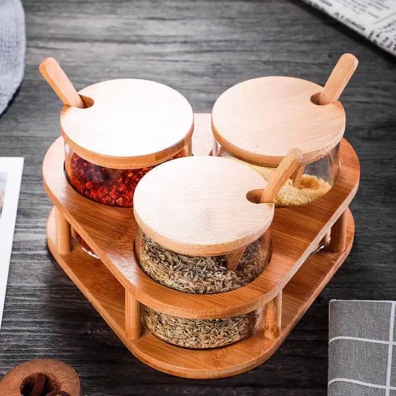 Glass Seasoning Jar Salt Shaker 3 Piece Set with Bamboo Spoon Cover Kitchen Supplies Wooden Tray