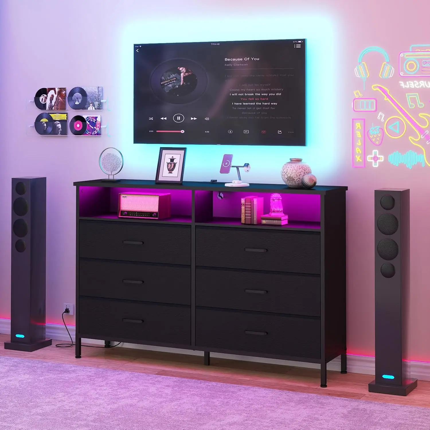 Dresser for bedroom, Fabric Black Bedroom Dresser with LED Lights and Charging Station, 6 Long Drawers Dresser, Tall Wide Chest 2