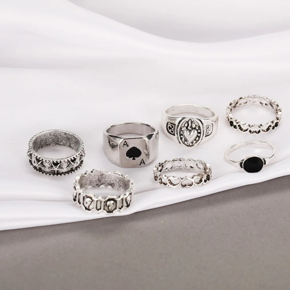 Vintage Silver Color Skull Heart Rings Set For Women Men Gothic Chain Retro Rings Trend Fashion Jewelry ring set silver ring chain ring finger ring gold color ring gold color rings adjustable rings
