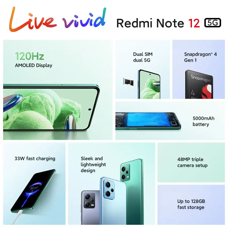 Xiaomi Redmi Note 12 5G NFC AMOLED DotDisplay 6,67 120 Hz Snapdragon®4 gen  1 eight core CPU 48 MP 5000 mAh fast charging 33 W Global edition -  AliExpress