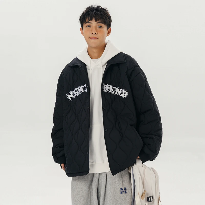 Street Style Men Winter Baseball Clothes Letter Embroidered Lapel Jacket  Fashion Parkas Cotton-Padded Jacket Unisex Thick Warm