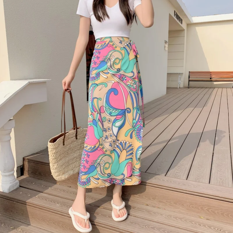 Temperament Retro Summer Printed Women's Beach Skirt Ethnic Style Fashion Wrapped Skirt One Piece Apron Sunscreen Half Skirt retro elastic waist denim skirt 2022 new leopard print midi skirt temperament pocket jeans skirts oversized big hem saias mujer