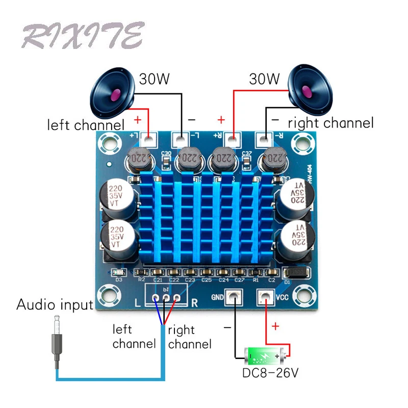 XH-A232 30W+30W Dual Channel Digital Stereo Audio Power Amplifier Board 12V 24V Amplifier Board 8-26V DC Audio Amplifier Board 1pcs ac15v 0 10a dual channel stereo speaker protection finshed board