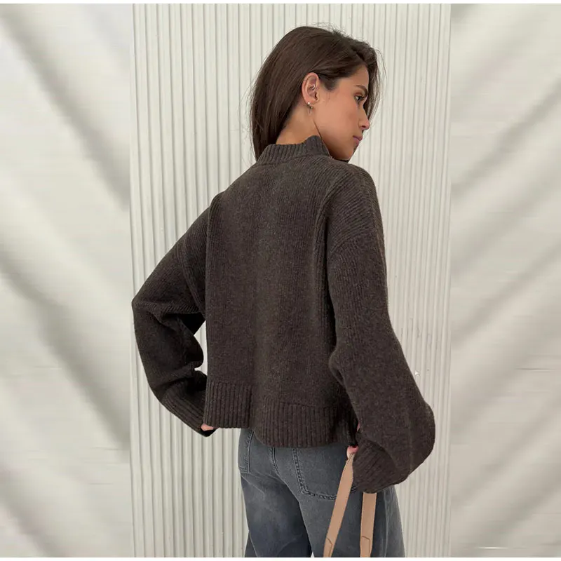 Vintage Knit Zipper Cardigan For Women Solid Loose O Neck Long Sleeve Sweater Top Female Fall Winter All-matching Knitwear