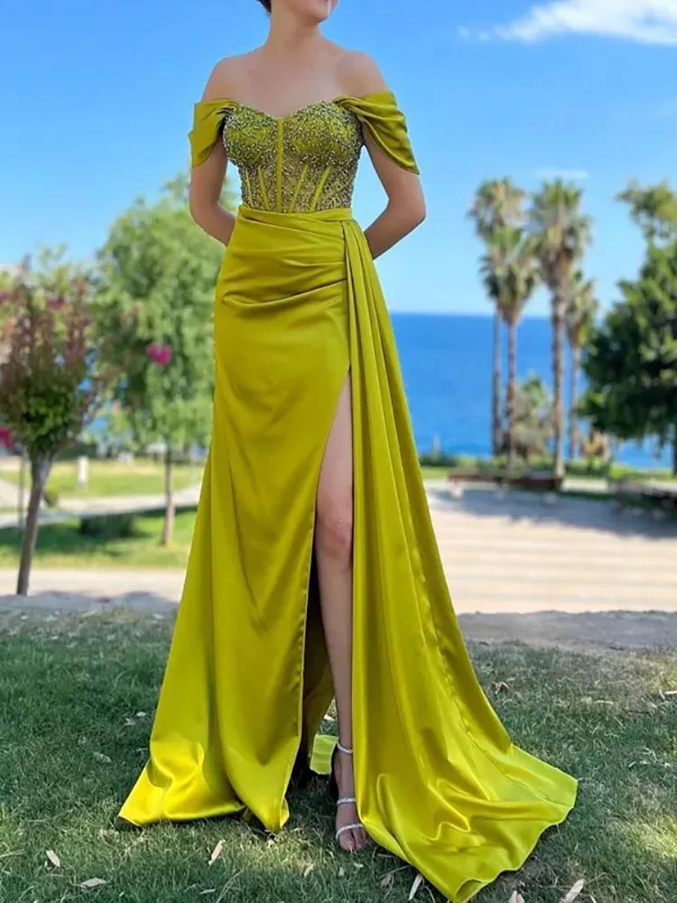 

Sexy Evening Dresses Formal Sweetheart Beading Satin prom Dress Mermaid High Split Cocktail Part Saudi Arabia 2023